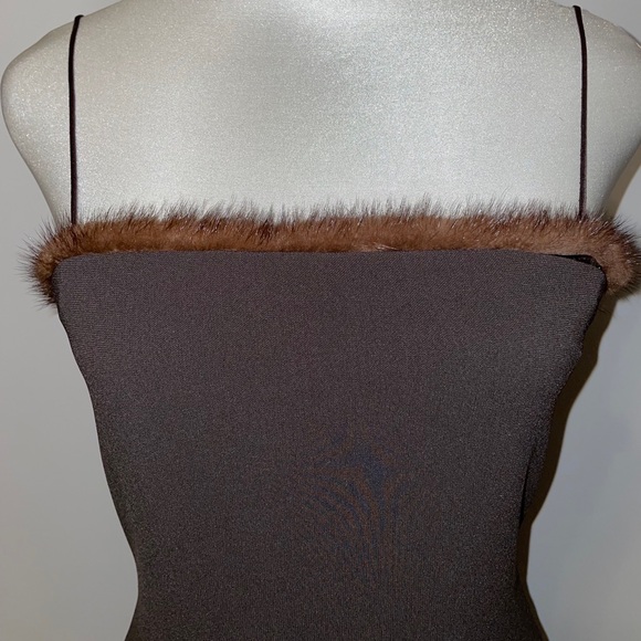 Tahari Striking Mink trimmed Spaghetti Strap Dress - Picture 5 of 13